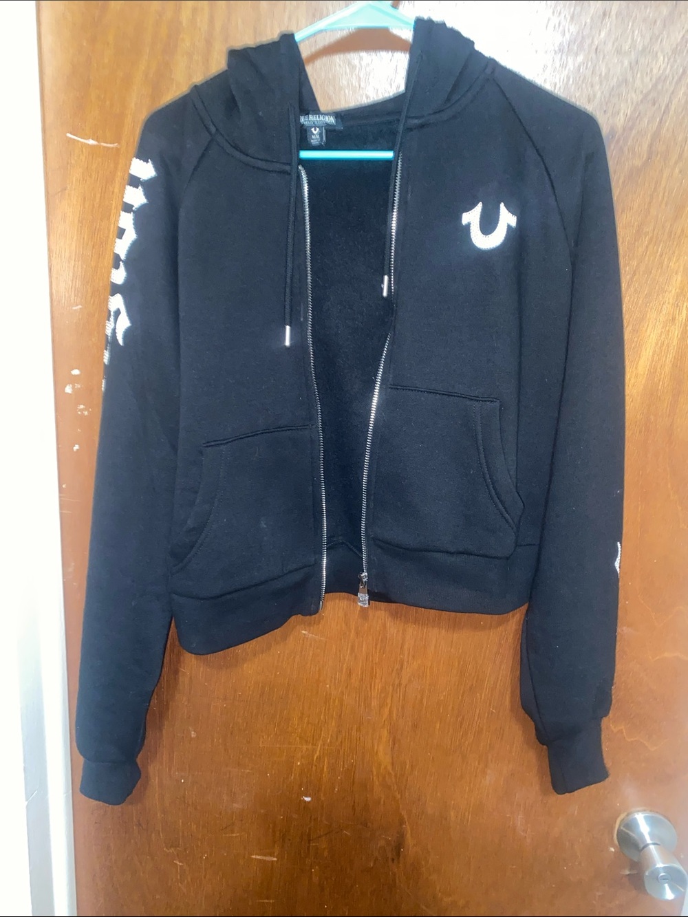 True Religion Black Zip-Up Hoodie with White Script Logo